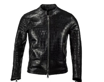 Men’s Black Crocodile Embossed Leather Jacket – Handmade Biker Coat, Custom Size