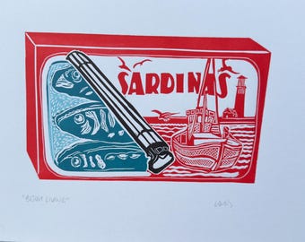 Impreso a mano - Bijou Living / Estampado en lata de sardinas - Grabado original en linóleo.