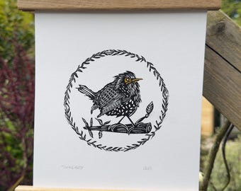 Impreso a mano - Dickie Bird / Pájaro en rama - Grabado original en linóleo con detalles dorados