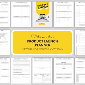 May include: A product launch planner with a yellow banner that reads "Ultimate Product Launch Planner" and "42 Pages | PDF | Instant Download." The planner includes pages for competitor analysis, SWOT analysis, and marketing plans. The cover features sneakers.