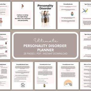 Może przedstawiać: Cyfrowy planer zatytułowany "Ultimate Personality Disorder Planner" z 28 stronami dostępnymi w formacie PDF do natychmiastowego pobrania. Okładka ma jasnobrązowe tło z tekstem i ilustracjami. Planer zawiera informacje o zaburzeniach osobowości.