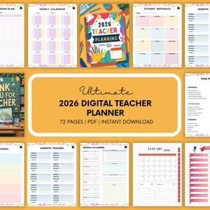 Op de afbeelding: Een digitale lerarenplanner met een gele achtergrond, met verschillende planningspagina's. De omslag van de planner luidt "2026 Teacher Planning". Andere pagina's zijn onder meer een jaarkalender, een wekelijkse lesplanning en een dagelijkse routinetracker.