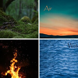 Op de afbeelding: Een collage van vier afbeeldingen die de elementen vertegenwoordigen. "Aarde" toont een mosachtig bos, "Lucht" toont een zonsondergang, "Vuur" toont vlammen en "Water" toont oceaangolven. Elk element is benoemd.