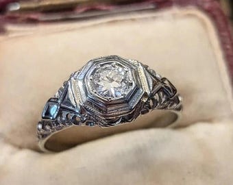 Antique Art Deco Filigree Ring,Octagonal Bezel Set Diamond Solitaire,14K White Gold Milgrain Engagement Ring, Geometric Vintage Promise Ring
