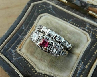 Ruby Wedding Ring Set, Wide Band Diamond Engagement Ring, 18K White Gold Vintage Princess Cut Statement Ring, Red Gemstone Anniversary Gift