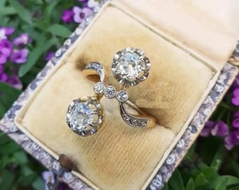 Toi et Moi Engagement Ring, Vintage Two Stone Bypass Diamond Ring, Victorian Style 14K Gold Anniversary Gift, Unique Antique Ring for Her