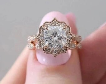 Cushion Cut Rose Gold Engagement Ring, Vintage Floral Halo Proposal Ring, 14K Rose Gold Diamond Twig Wedding Ring, Unique Gift for Her