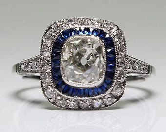 Art Deco Sapphire Halo Engagement Ring, Vintage Cushion Cut Diamond Cluster Ring,18K White Gold Concentric Halo, Antique Blue Statement Ring