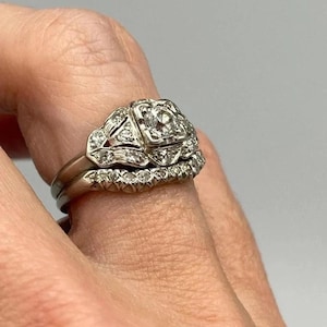 Vintage Nested Wedding Ring Set, Art Deco Square Cluster Engagement Ring, 14K White Gold Contoured Bridal Set, Milgrain Anniversary Gift