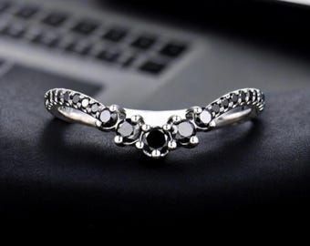 Black Diamond Curved Wedding Band | 925 Sterling Silver V Shape Stacking Ring | Black Moissanite Chevron Band | Alternative Bridal Ring