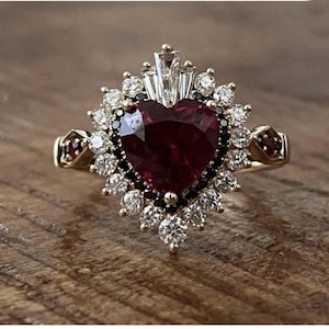 Heart Cut Ruby Engagement Ring, Vintage Starburst Cluster Cocktail Ring, 14K Yellow Gold Black Diamond Accent Anniversary Gift
