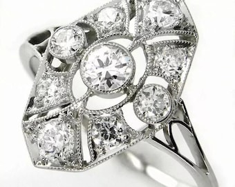 Art Deco Filigree Cocktail Ring, Vintage Diamond Shield Statement Ring, 14K White Gold Geometric Cluster Ring, Antique Ring Anniversary Gift