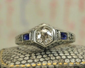 Art Deco Hexagon Engagement Ring | Solid 14K White Gold Filigree Diamond Ring with Sapphire Accents | Vintage Blue Stone Promise Ring