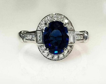Art Deco Style Sapphire Engagement Ring | Solid 18K White Gold Oval Blue Stone and Diamond Halo Ring | Baguette Cut Side Stones | Royal Ring
