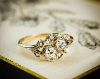 Antique Style Toi et Moi Ring | Vintage Two Stone Diamond Engagement Ring | Solid 18K Yellow Gold & White Gold | Anniversary Gift for Her