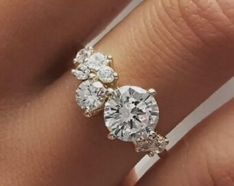 Asymmetrical Diamond Cluster Engagement Ring | Solid 10K Yellow Gold Floral Moissanite Statement Ring | Unique Multi-Stone Bridal Jewelry