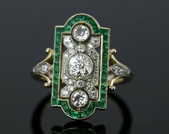 Art Deco Round and Diamond Ring, Vintage Rectangle Statement Ring, 14K Yellow Gold Filigree Cocktail Ring, Antique May Birthstone Gift