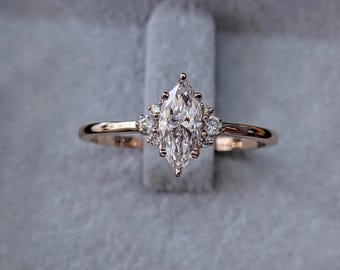 Marquise Cut Engagement Ring, Rose Gold Cluster Accent Ring, 10K Diamond Tiara Proposal Ring, Delicate Minimalist Wedding Ring,