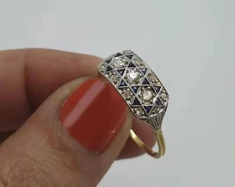 Art Deco Cigar Band Ring | Geometric Diamond & Sapphire Eternity Ring | 18K Two-Tone Gold Vintage Wedding Band | Stacking Anniversary Ring