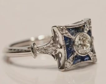 Art Deco Square Sapphire Ring | Solid 18K White Gold Geometric Diamond Engagement Ring | Vintage Blue Stone Milgrain Anniversary Gift