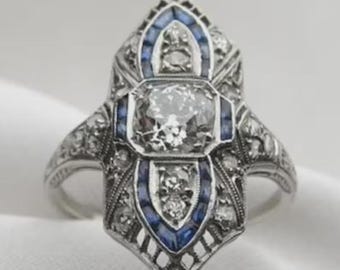 Dramatic Art Deco Navette Ring | Solid 14K White Gold Sapphire and Diamond Ring | Vintage Elongated Cocktail Ring | Filigree Statement