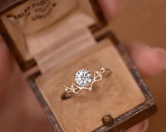 Antler Engagement Ring | Nature Inspired Round Cut Moissanite Solitaire | Two Tone 10K Gold Woodland Wedding Ring | Unique Ring for Her