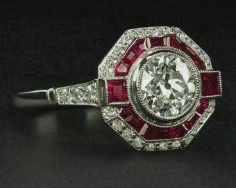 Art Deco Octagon Ruby Halo Ring | Solid 18K White Gold Round Cut Diamond Engagement Ring | Vintage Red Stone Geometric Anniversary Ring