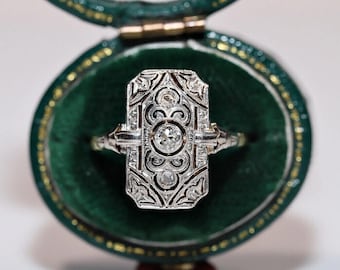 Anillo con placa de filigrana Art Déco, anillo de compromiso vintage de oro blanco de 14 quilates, elegante regalo de aniversario con diseño rectangular ornamentado, joyería de cóctel única