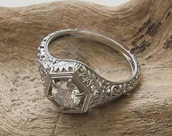 Art Deco Hexagon Engagement Ring | Solid 14K White Gold Filigree Solitaire | Vintage Milgrain Wedding Ring | Geometric Promise Ring