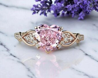 Heart Cut Pink Sapphire Engagement Ring | 14K Rose Gold Criss Cross Pave Diamond Band | Unique Solitaire Love Ring | Valentine's Day Gift
