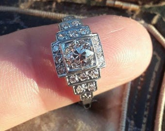 Art Deco Engagement Ring, Vintage Square Halo Ring, Stepped Geometric Diamond Cluster Ring, 10K White Gold Anniversary Promise Ring,
