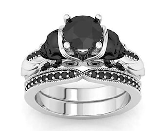 Gothic Skull Wedding Ring Set | Black Moissanite Solitaire & 925 Sterling Silver Band | Alternative Bride Engagement Ring Set |