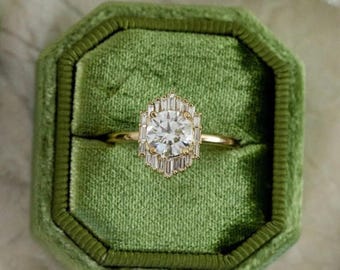 Sunburst Baguette Halo Engagement Ring | Solid 14K Yellow Gold Art Deco Inspired Diamond Cluster Ring | Unique Round Cut Bridal Jewelry