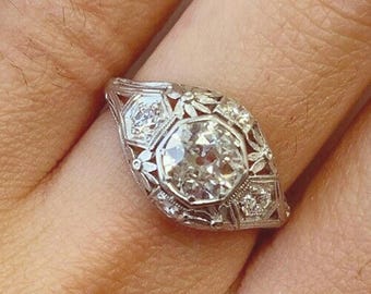 Art-Deco-Solitärring, antiker Stil filigrane Verlobungsring, 14K Weißgold Geometrischer Versprechensring, Vintage-Hochzeitsgeschenk