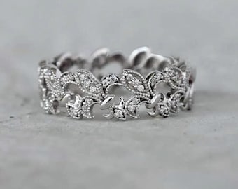 Pave Diamond Vine Wedding Band | Solid 14K White Gold Leaf Stacking Ring | Eternity Nature Inspired Anniversary Band |Minimalist Bridal Ring