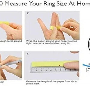 Puede incluir: Diagrama que ilustra c&oacute;mo medir la talla de tu anillo en casa. Los pasos incluyen cortar papel, envolverlo alrededor de un dedo, marcar el punto de encuentro y medir la longitud del papel en cent&iacute;metros. Incluye una tabla de tallas de anillos.