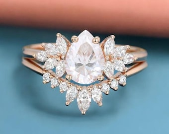 Pear Cut Tiara Wedding Set | Solid 14K White Gold Marquise Moissanite Cluster Engagement Ring | Unique Chevron Bridal Ring Set
