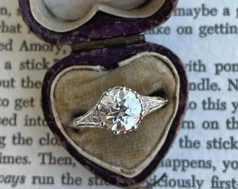 Vintage Solitaire Engagement Ring, Edwardian Old European Cut Diamond Proposal Ring, 18K White Gold Milgrain Tapered Band, Wedding Ring