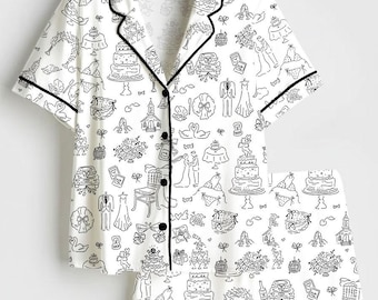 Conjunto de pijama de satén para mujer con ilustraciones de boda caprichosas dibujadas a mano, pijama de manga corta para novia, pijama para despedida de soltera y ropa de dormir para despedida de soltera.