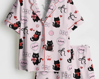 Pijama de gato negro, ropa de dormir para amantes de los gatos, pijama de San Valentín, regalo de aniversario para ella, amante de los gatos