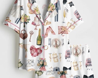 Conjunto de pijama de satén de manga corta con acuarela para novia y matrimonio, ropa de dormir de satén para novia y matrimonio, regalos de boda y pijamas.