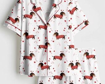 Valentine Dachshund Dog Satin Pajamas, Dachshund Dog PJs For The Family, Cute Animal Pajamas, Couple PJs For Pet Lovers