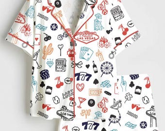 Conjunto de pijama de satén de manga corta para fiesta de boda en casino de Las Vegas, conjunto de pijama familiar de satén, regalo para boda en casino, camisa navideña de Las Vegas