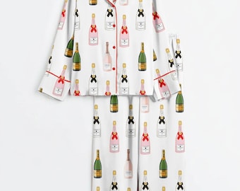 Pijama de satén de manga corta con lazos y champán para boda, ideal para fiestas de Navidad y bodas. Regalos con lazos y champán para mujer.