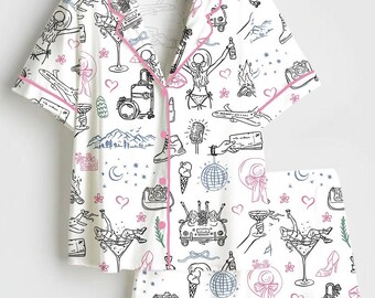 Pijama de satén para planificadores de viajes, pijama con el lema "La aventura te espera", pijama para despedida de soltera, conjunto de ropa de estar por casa de manga corta y sedosa, regalo para agentes de viajes