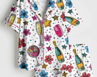 ¡Brindemos por el Año Nuevo! Conjunto de pijama de champán, pijama de satén, regalos de Navidad para ella, ropa de dormir para mujer
