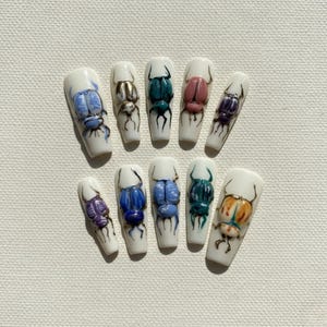 3D Beetle Press On Nails | Sculpted Jewel Tone Entomology Art