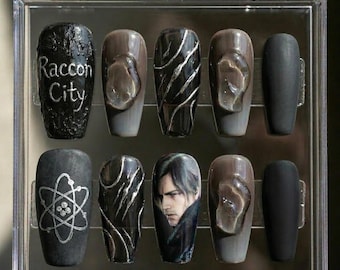 Resident Evil Leon S. Kennedy Coffin Press On Nails | Black Grey Sci-Fi Custom Set