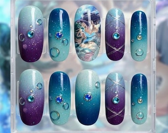 Celestial Blue Press On Nails | Hand Painted Anime Art
