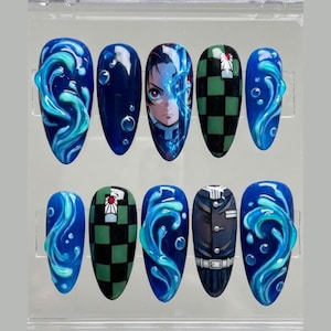 Tanjiro Nails | Demon Slayer Press On Nails Stiletto | Kimetsu no Yaiba Anime | Blue Water Breathing 3D Swirls